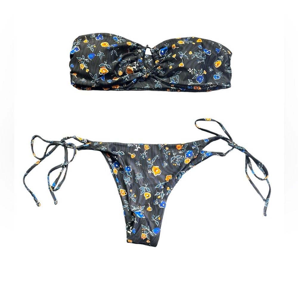 ZAFUL bandeau navy blue floral bikini set side toe cheeky bottoms NWT